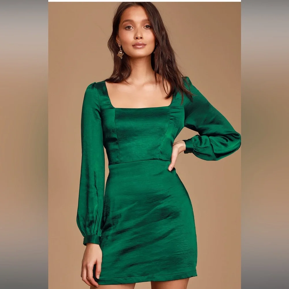 Lulus Got The Love Emerald Green Satin Square-Neck Mini Dress - Picture 1 of 7
